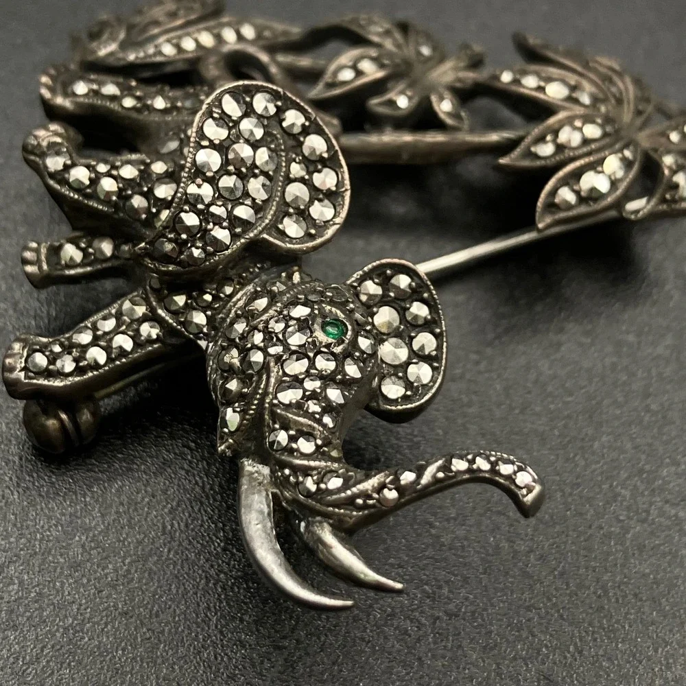 Vintage Sterling Silver Elephant Brooch Art Deco Marcasite Green Eye Palm Tree